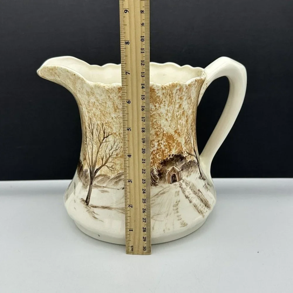 Hand Painted Ceramic‎ Water Pitcher Winter Cabin Barn Windmill SIGNED VTG 1979